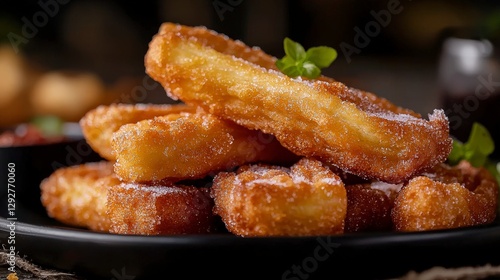 Delicious closeup of golden spanish churros in a rustic kitchen food photography warm lighting tempting treats