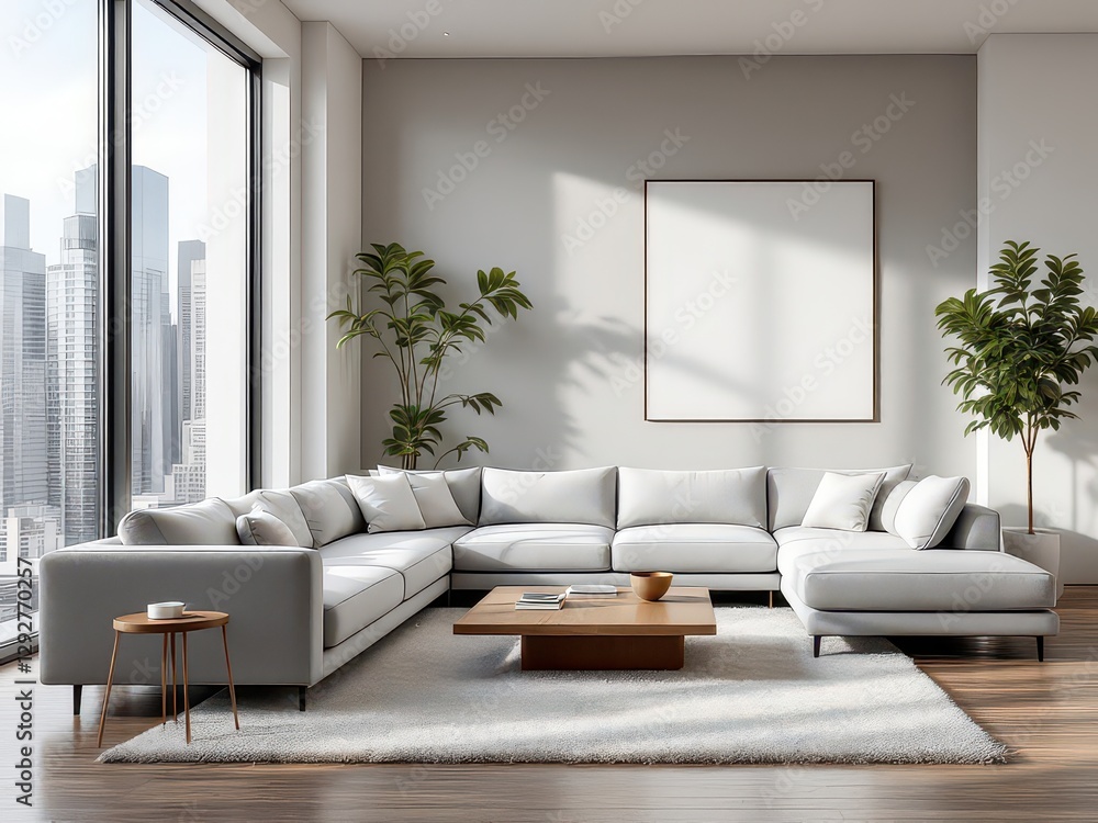 Fototapeta premium Minimalist living room background, perfect for interior design, home decor, Scandinavian aesthetics, modern architecture, cozy ambiance, real estate, natural lighting, luxury homes, and contemporary s