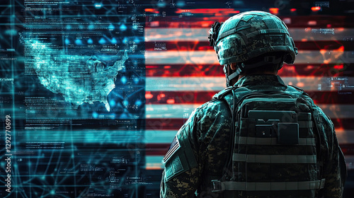 Soldier Looking at Futuristic Cybersecurity monitors, US flag and technology background