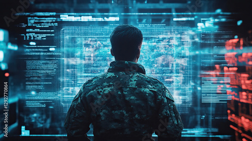 Military Man Looking at Futuristic Cybersecurity monitors, technology background