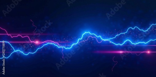 Electric blue neon lines on dark background with laser beams and lightning bolt effects, thunderbolt, sparks