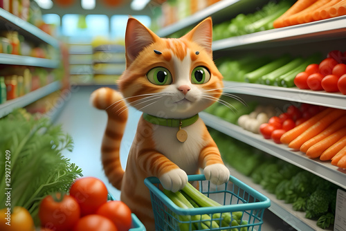 Creative and 4k resolution image of a cute cat shopping vegetables and fruits on the mall