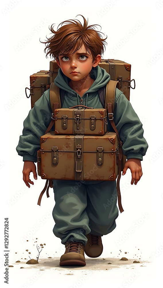 Simple 2D illustration of a person carrying a heavy backpack full of locked boxes, symbolizing the weight of hidden secrets, on a plain white background. Simple 2D illustration of a person carrying a heavy backpack full of locked boxes, symbolizing the weight of hidden secrets, on a plain white background.
