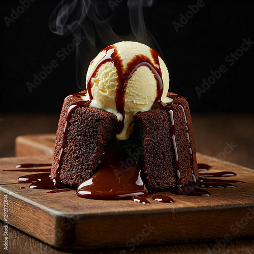 A decadent chocolate lava cake with a molten center, drizzled with rich, dark chocolate syrup and topped with a generous scoop of creamy vanilla ice cream. photo