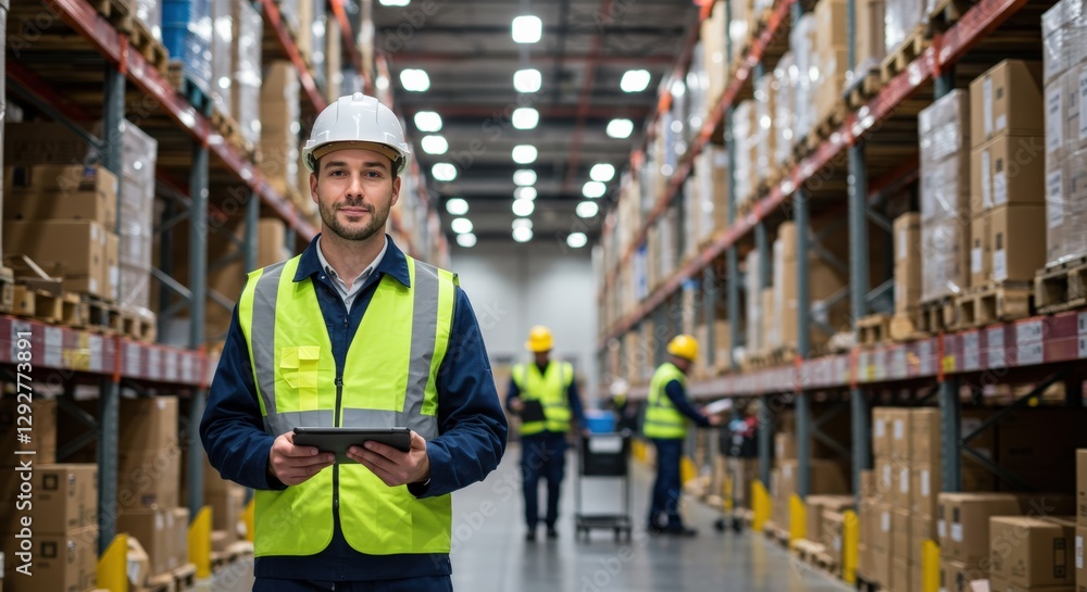 Handsome warehouse worker in a hard hat scanning inventory with a tablet computer. Handsome warehouse worker in a hard hat scanning inventory with a tablet computer.