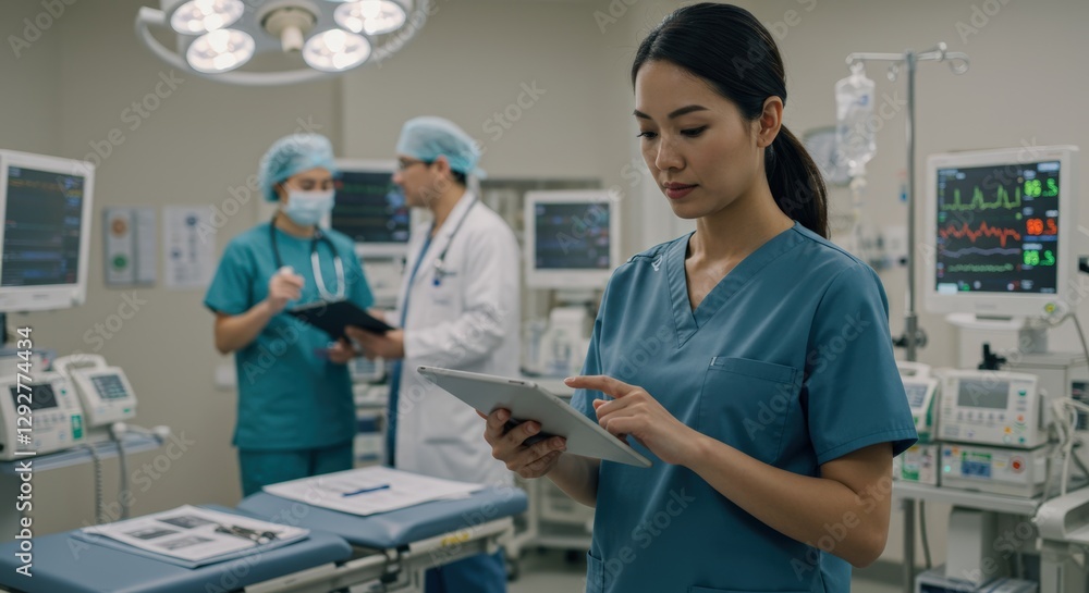 Obraz premium Modern clinic with advanced medical equipment and a focused nurse checking patient data.