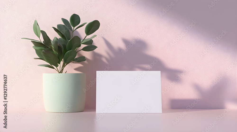 Photorealistic scene of a blank white business card placed on a soft pale pink table, accompanied by a light green plant pot. Crisp card edges, subtle pastel tones (white, pink, light green) Photorealistic scene of a blank white business card placed on a soft pale pink table, accompanied by a light green plant pot. Crisp card edges, subtle pastel tones (white, pink, light green)
