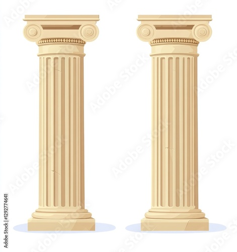 2D illustration of two beige ancient Greek columns, front view and side view, isolated on a white background