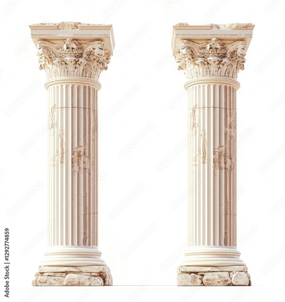 Obraz premium 2D illustration of two beige ancient Greek columns, front view and side view, isolated on a white background
