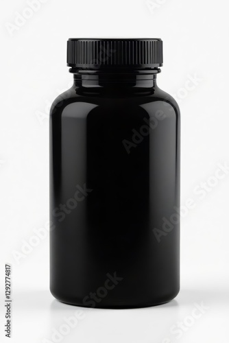 Empty black plastic supplement bottle with cap, isolated , white, pharmacy