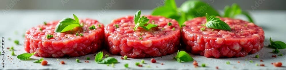 Herb-infused raw beef patties on light surface , detail, recipe Herb-infused raw beef patties on light surface , detail, recipe