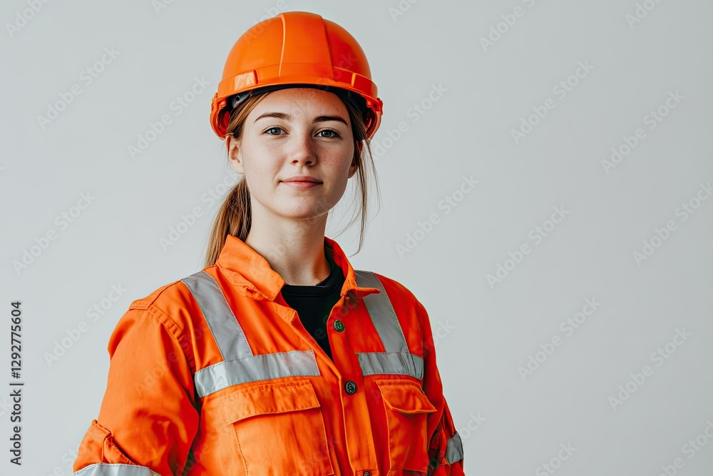 High Detail Image of Front View of Female Builder in Uniform on White Wall High Detail Image of Front View of Female Builder in Uniform on White Wall
