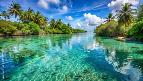 Tranquil Tropical Lagoon with Clear Water and Lush Green Palm Trees