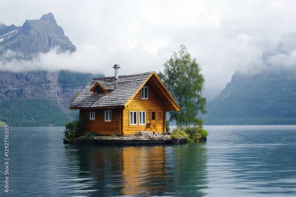 Fototapeta premium Wooden cabin on a lake island, nestled amongst majestic mountains. Perfect for illustrating tranquility, escape, or idyllic living.