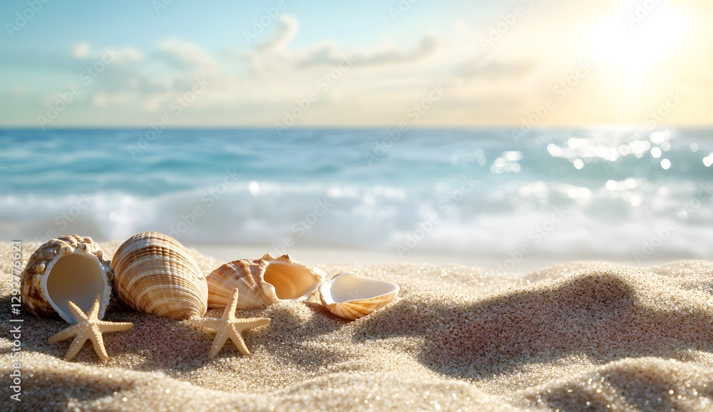 Seashells on beach sand at sunset Seashells on beach sand at sunset