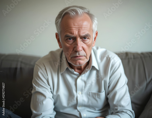 Elderly man sitting on the sofa, looking distressed and lonely, experiencing pain and emotional struggle, possibly due to fraud or financial hardship, in need of help at home.