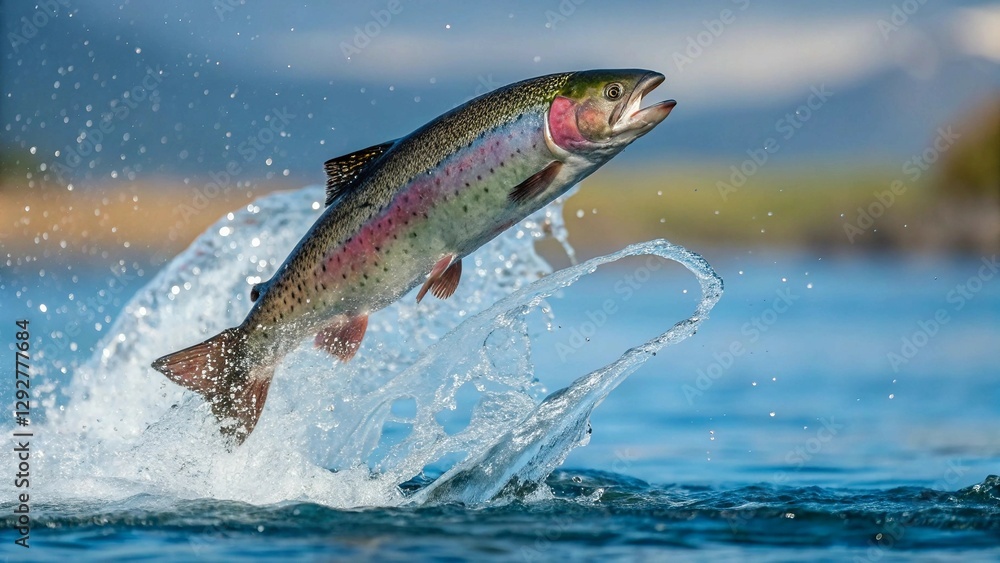 Obraz premium A rainbow trout making a high jump out of crystal-clear blue water, captured in mid-air splash with water droplets frozen in motion. Suitable for marketing or business purposes