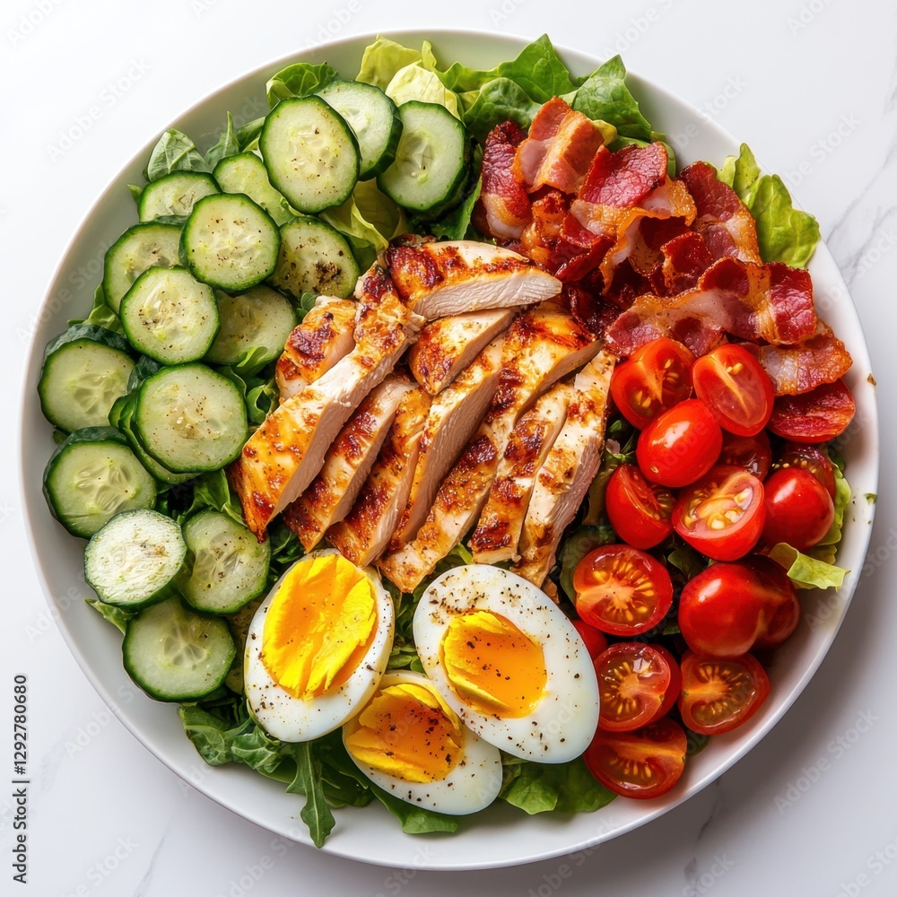 A healthy Cobb salad with chicken, avocado, eggs, bacon, cherry tomatoes, cucumbers, and mixed greens on a white plate. A healthy Cobb salad with chicken, avocado, eggs, bacon, cherry tomatoes, cucumbers, and mixed greens on a white plate.