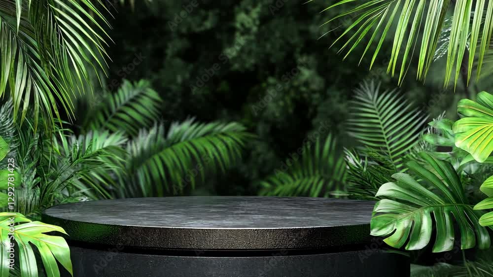 Natural green backdrop with tropical foliage and a sleek dark platform perfect for presentations or displays Natural green backdrop with tropical foliage and a sleek dark platform perfect for presentations or displays