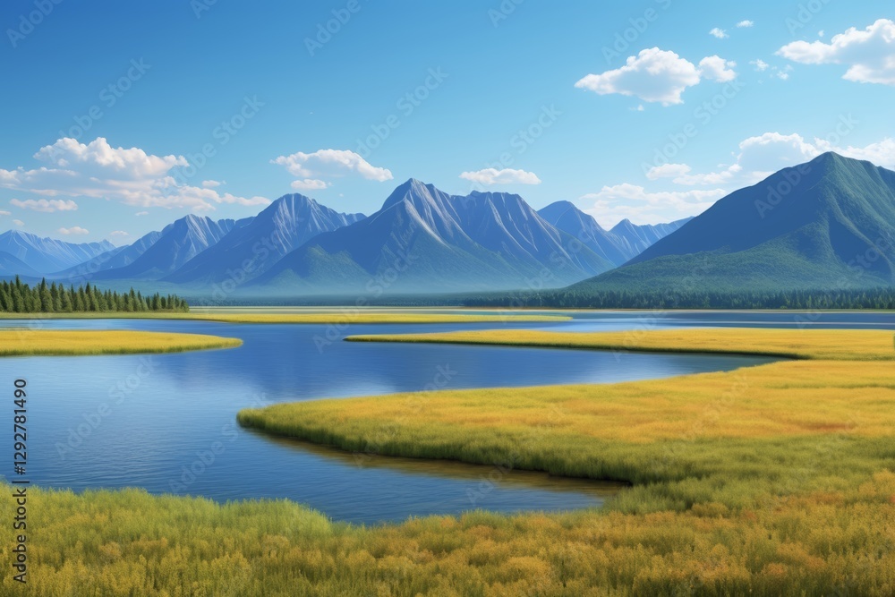 Fototapeta premium mountains and a lake in a grassy area with a blue sky