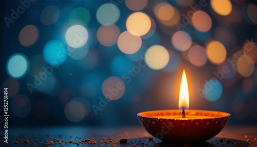 burning candles in the dark, Lit Oil Lamps with Decorative Flowers and Festive Bokeh Lights photo