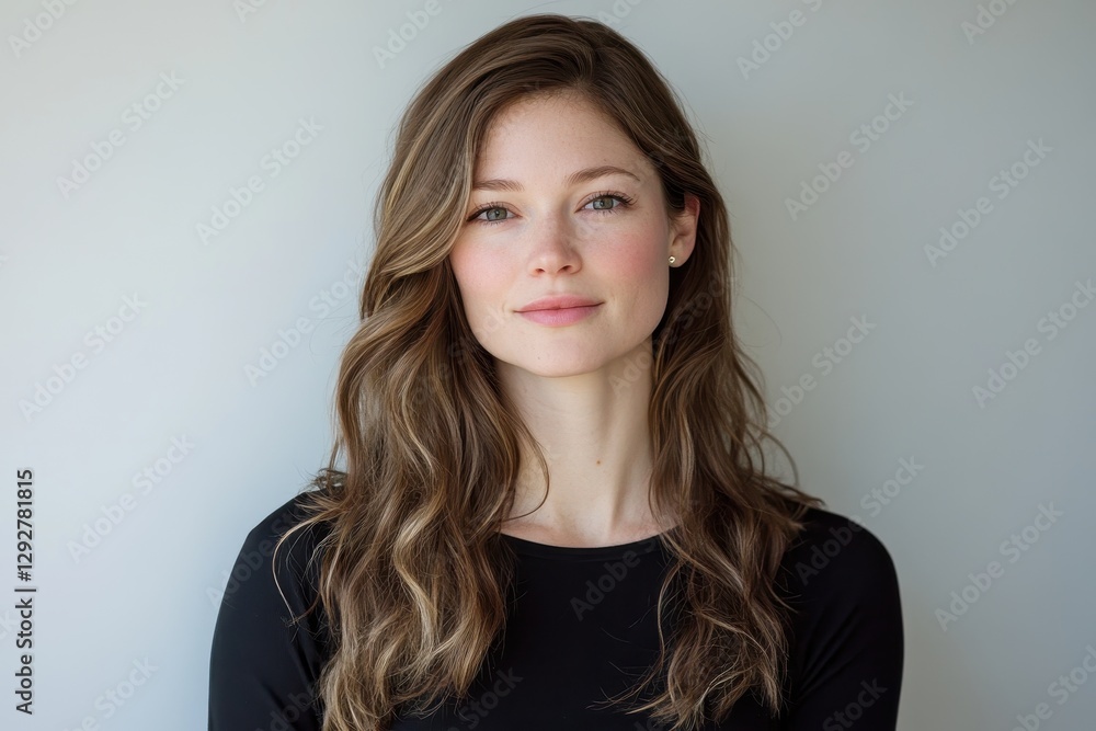 Beautiful woman with long brown wavy hair, wearing a black top. Perfect for beauty, fashion, or corporate websites needing a professional female portrait. Beautiful woman with long brown wavy hair, wearing a black top. Perfect for beauty, fashion, or corporate websites needing a professional female portrait.