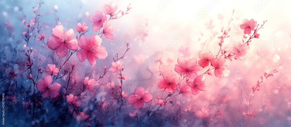 Soft pink flowers blossom in dreamy, hazy light. Soft pink flowers blossom in dreamy, hazy light.