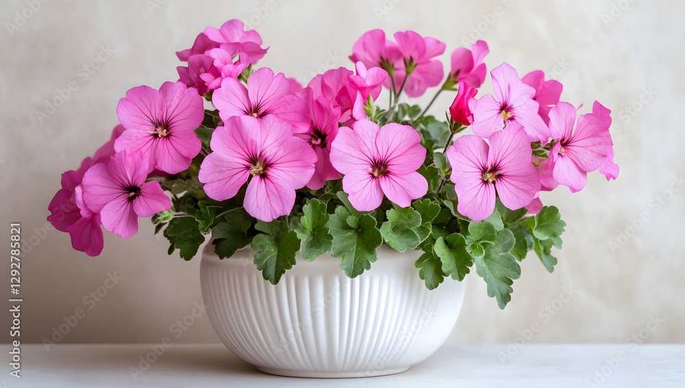 Fototapeta premium Pink geraniums in white pot on light background