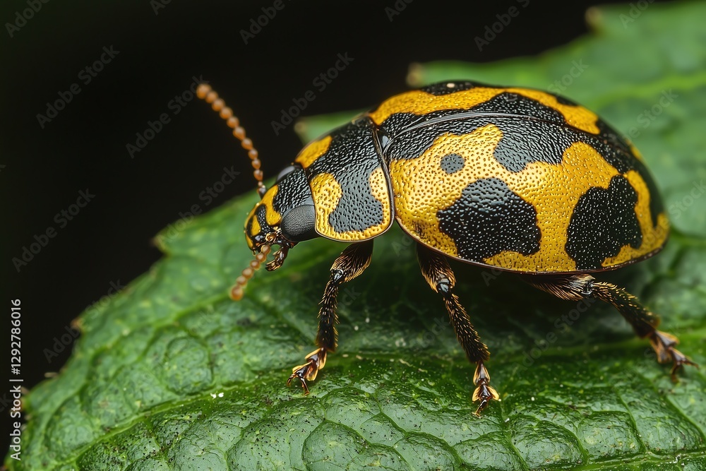 Fototapeta premium Vibrant yellow and black spotted beetle crawling on a fresh green leaf in natural outdoor setting