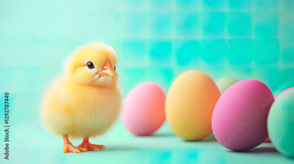 Fluffy yellow chick beside pastel Easter eggs on a turquoise background. Fluffy yellow chick beside pastel Easter eggs on a turquoise background.