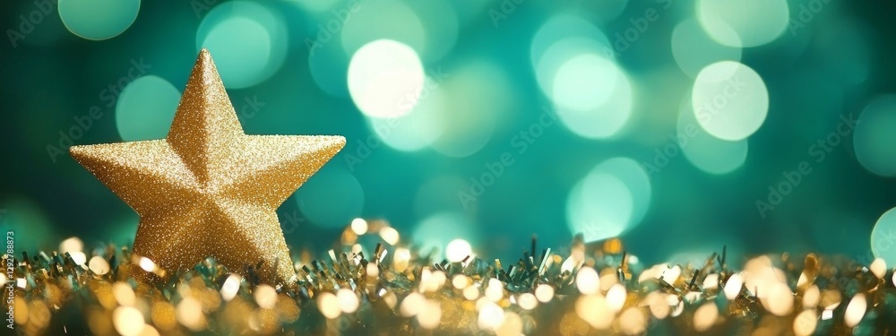Golden Star on Teal Bokeh Background Festive Christmas Composition, Glitter, Sparkle Christmas, Holiday Golden Star on Teal Bokeh Background Festive Christmas Composition, Glitter, Sparkle Christmas, Holiday
