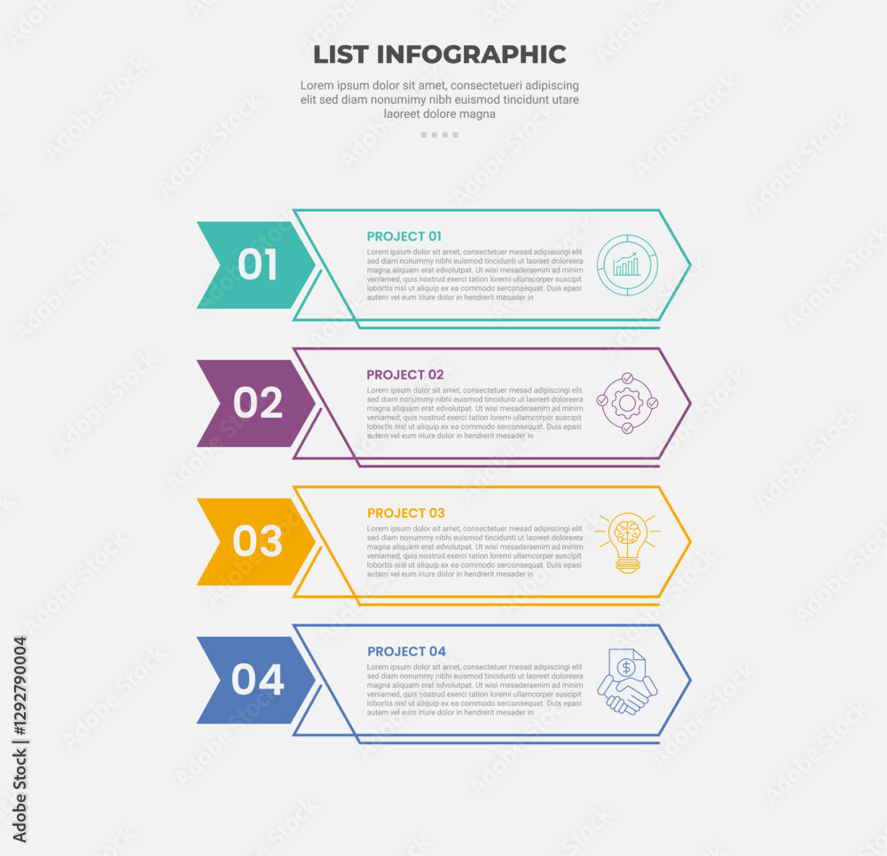 list vertical stacked process infographic outline style with 4 point template with arrow box container for slide presentation