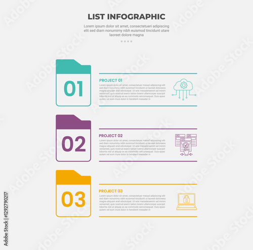 list vertical stacked process infographic outline style with 3 point template with calendar style with line separator for slide presentation