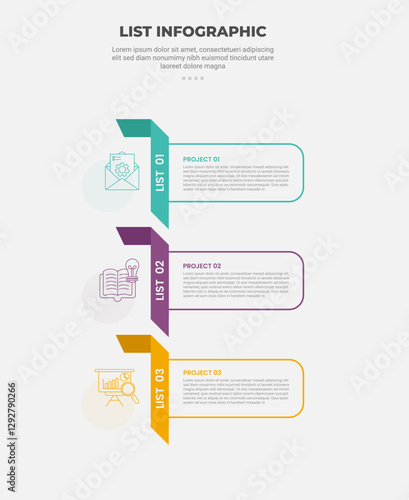 list vertical stacked process infographic outline style with 3 point template with flipped ribbon style with round rectangle container for slide presentation