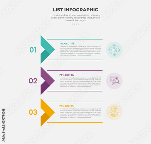 list vertical stacked process infographic outline style with 3 point template with arrow ribbon flipped right direction for slide presentation