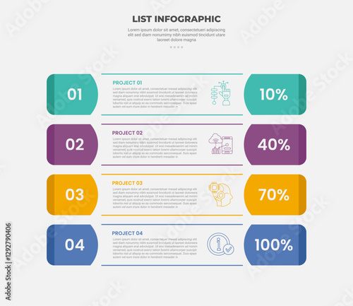 list vertical stacked process infographic outline style with 4 point template with round rectangle container box with badge percentage for slide presentation