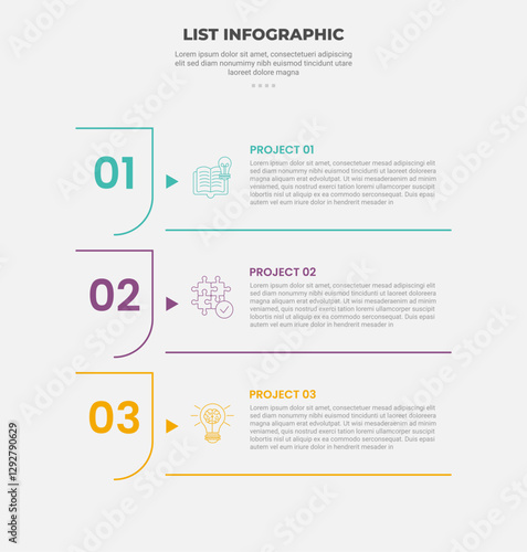 list vertical stacked process infographic outline style with 3 point template with creative slice cut badge with line separator for slide presentation