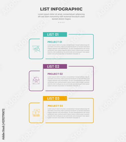 list vertical stacked process infographic outline style with 3 point template with round rectangle box with flipped line for slide presentation
