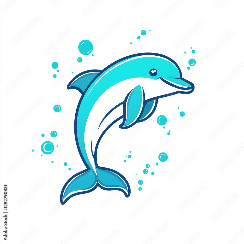 Fototapeta premium Cartoon Dolphin Leaping Ocean Bubbles Aquatic Animal Illustration