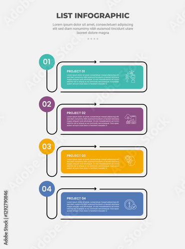 list vertical stacked process infographic outline style with 4 point template with round rectangle arrow with circle badge for slide presentation