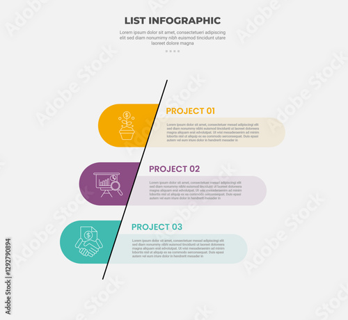 list vertical stacked process infographic outline style with 3 point template with skew line with round rectangle badge for slide presentation