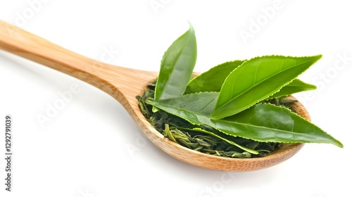 Fototapeta Naklejka Na Ścianę i Meble -  Dry green tea leaves in wood spoon on white