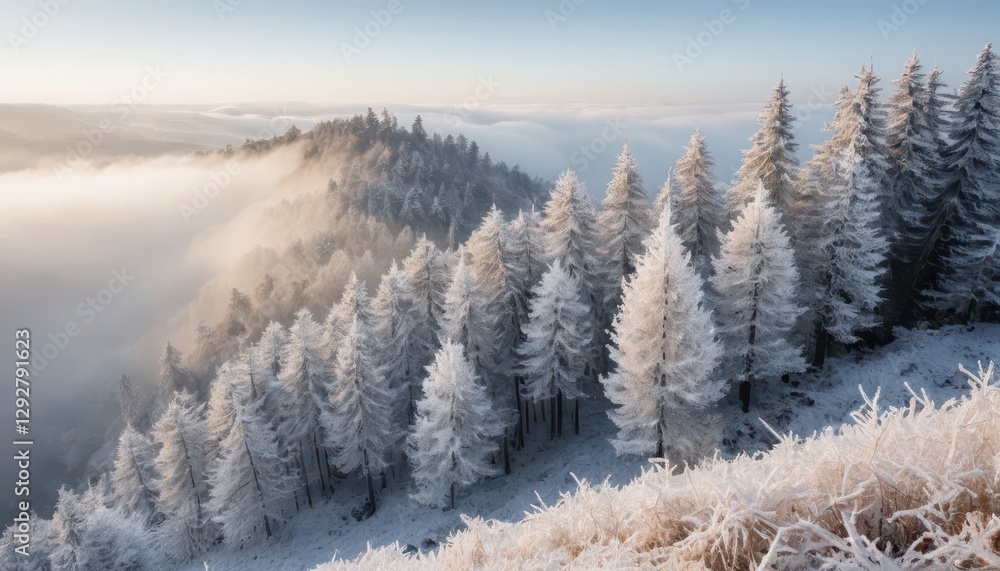 Majestic Winter Landscape Frost Covered Pine Trees on a Misty Mountaintop at Sunrise Majestic Winter Landscape Frost Covered Pine Trees on a Misty Mountaintop at Sunrise