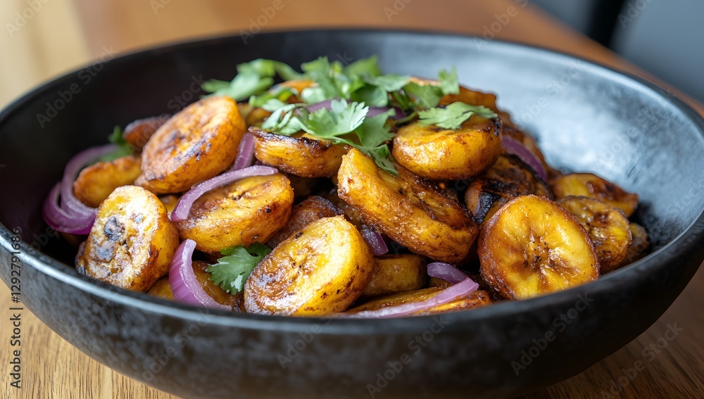 Fried Plantains with Onions & Cilantro in Bowl on Wood Table Fried Plantains with Onions & Cilantro in Bowl on Wood Table