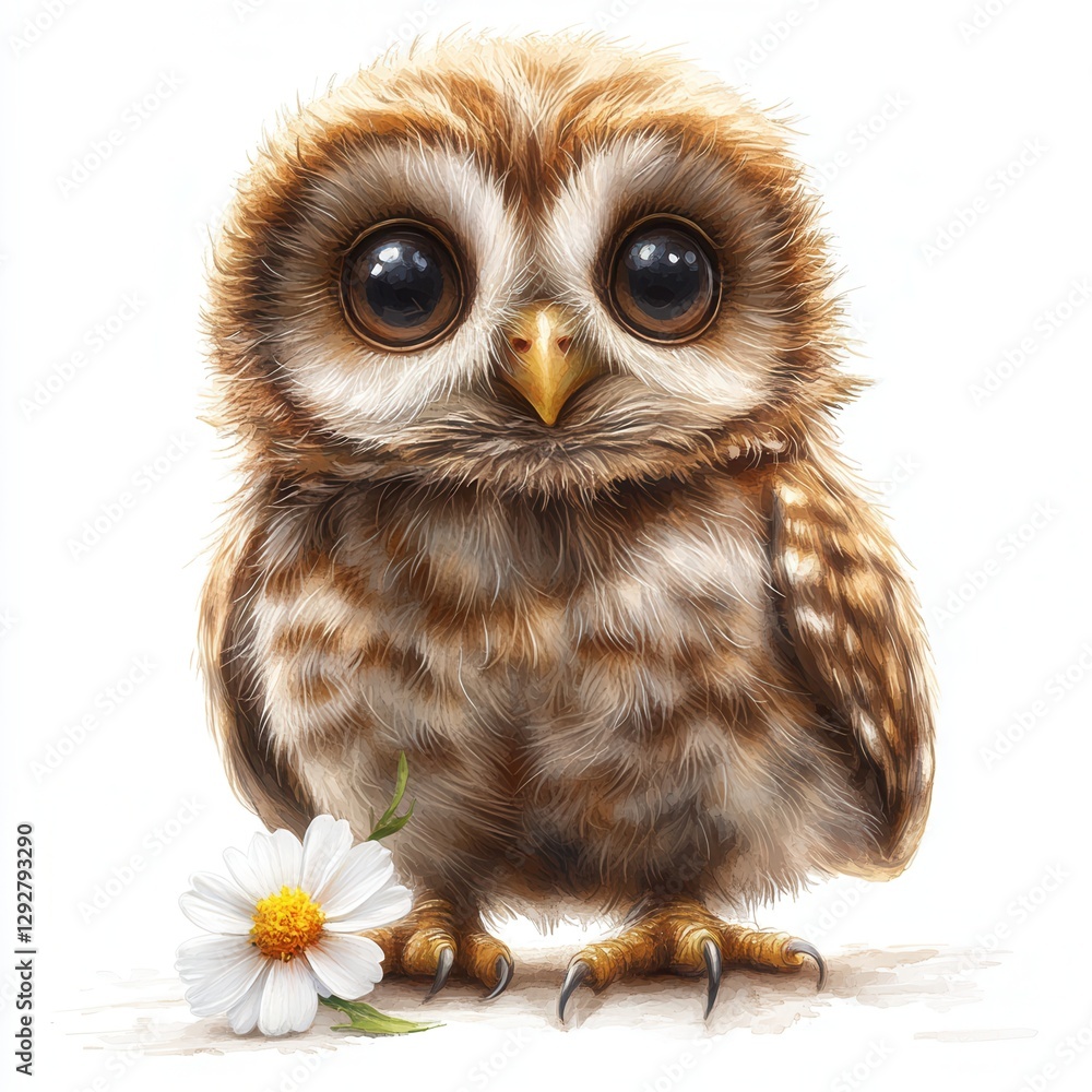 Fototapeta premium Cute Baby Owl Portrait With Flower