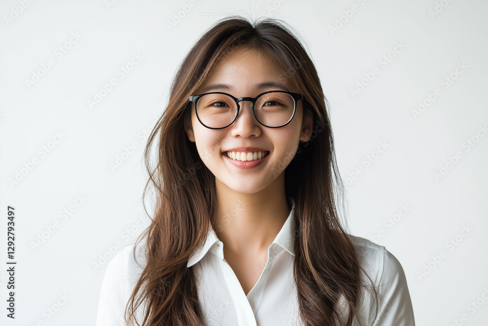 Smiling Asian Woman in Glasses White Shirt Portrait Smiling Asian Woman in Glasses White Shirt Portrait