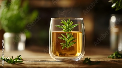 Glass cup of herbal tea with stevia leaf