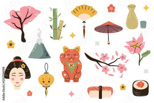 Japan travel set of doodle elements. Collection of stickers maneki neko, geisha, umbrella, fan, bamboo, Fudji, sake, sakura, sushi and lantern.