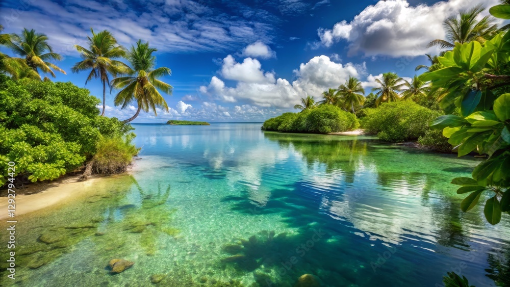 Obraz premium Tranquil Tropical Lagoon Surrounded by Lush Green Palm Trees
