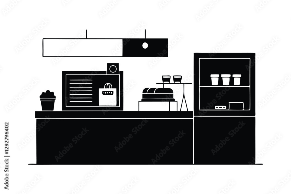 A black-and-white vector drawing of a small cafe counter silhouette design.eps A black-and-white vector drawing of a small cafe counter silhouette design.eps